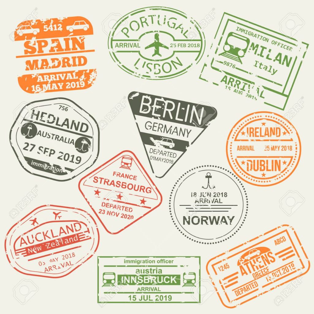 Set of isolated visa passport stamps.